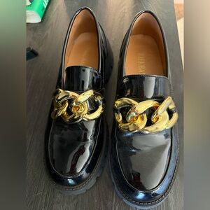 Patent Leather Loafers with Gold Chain Accent